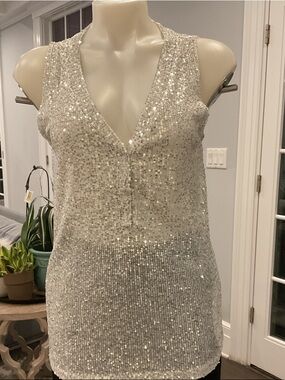 POL Silver Sequin and Blue Striped Knit Top